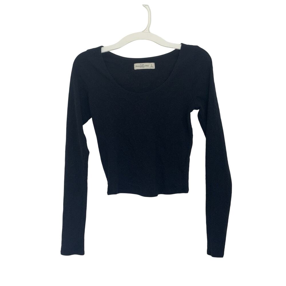 Abercrombie & Fitch Black Floral Textured Scoop Neck Long Sleeve Crop Top S Goth